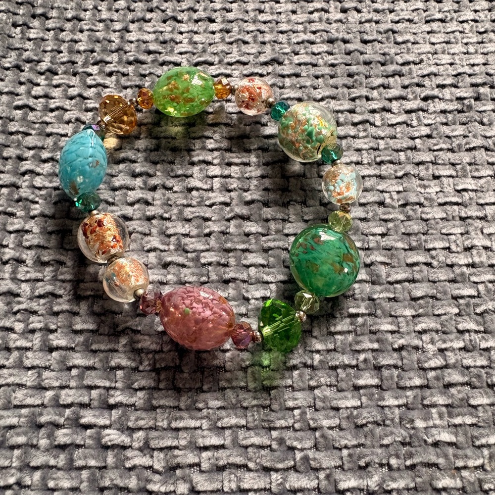 Murano Glass Bead Stretch Bracelet - Green, Pink & Blue